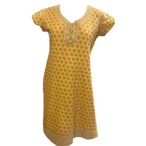 India dress shirt beading gold ribbon pattern lined M knee lenght side slits